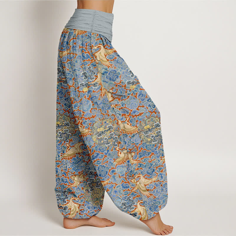Nimara Ritual Cotton Crane Auspicious Cloud Floral Pattern Women's Elastic Waist Harem Pants