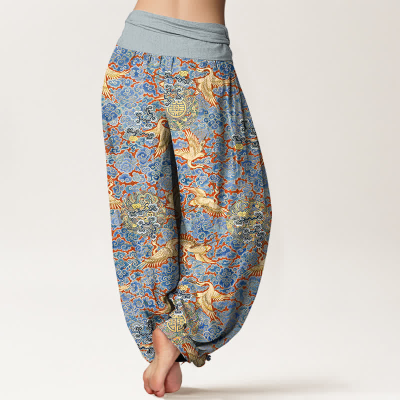 Nimara Ritual Cotton Crane Auspicious Cloud Floral Pattern Women's Elastic Waist Harem Pants