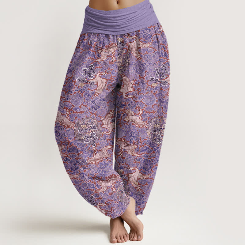 Nimara Ritual Cotton Crane Auspicious Cloud Floral Pattern Women's Elastic Waist Harem Pants