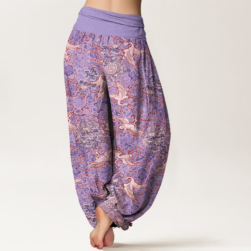 Nimara Ritual Cotton Crane Auspicious Cloud Floral Pattern Women's Elastic Waist Harem Pants
