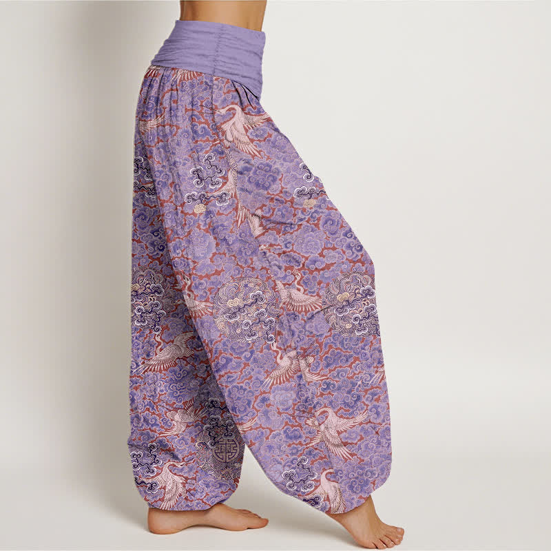 Nimara Ritual Cotton Crane Auspicious Cloud Floral Pattern Women's Elastic Waist Harem Pants