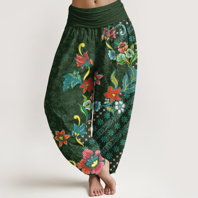 Nimara Ritual Pure Cotton Bohemian Colorful Flower Pattern Women's Elastic Waist Harem Pants