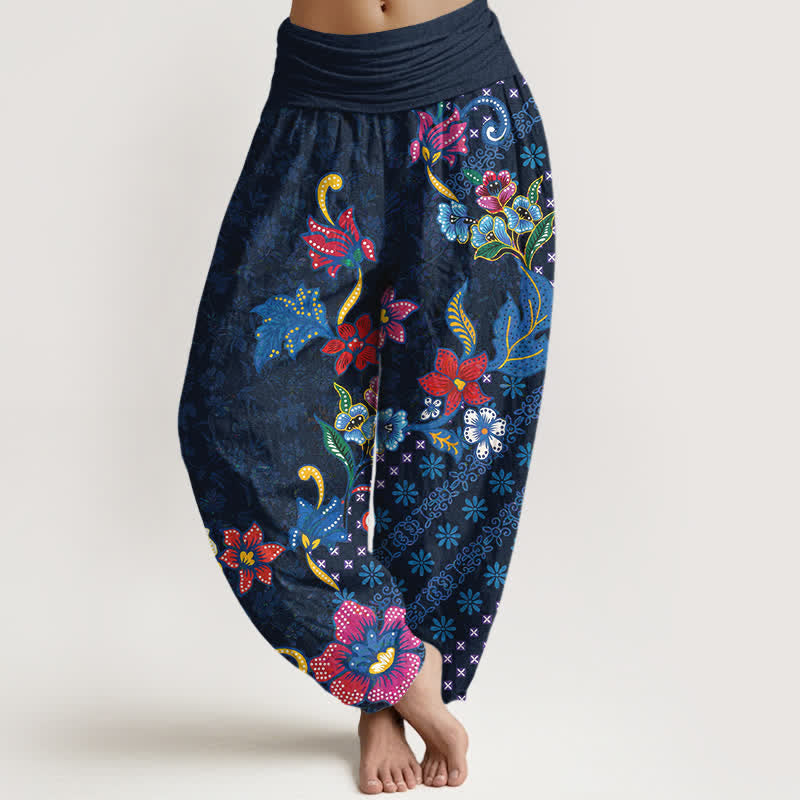 Nimara Ritual Pure Cotton Bohemian Colorful Flower Pattern Women's Elastic Waist Harem Pants