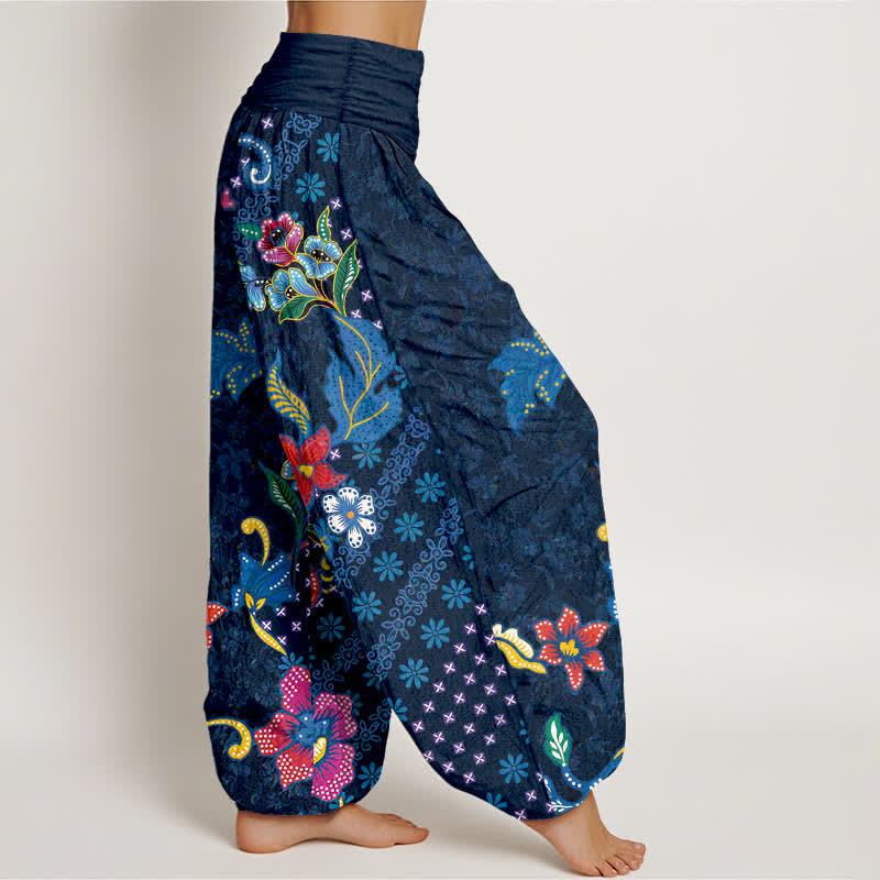 Nimara Ritual Pure Cotton Bohemian Colorful Flower Pattern Women's Elastic Waist Harem Pants