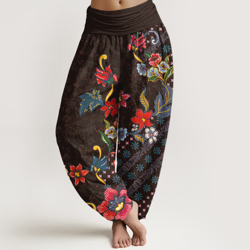Nimara Ritual Pure Cotton Bohemian Colorful Flower Pattern Women's Elastic Waist Harem Pants