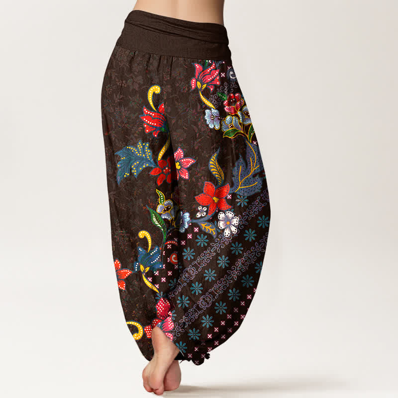 Nimara Ritual Pure Cotton Bohemian Colorful Flower Pattern Women's Elastic Waist Harem Pants