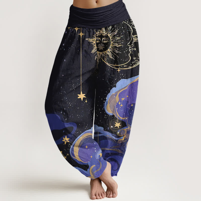 Nimara Ritual Cotton Celestial Sun Moon & Star Wave Pattern Women's Elastic Waist Harem Pants