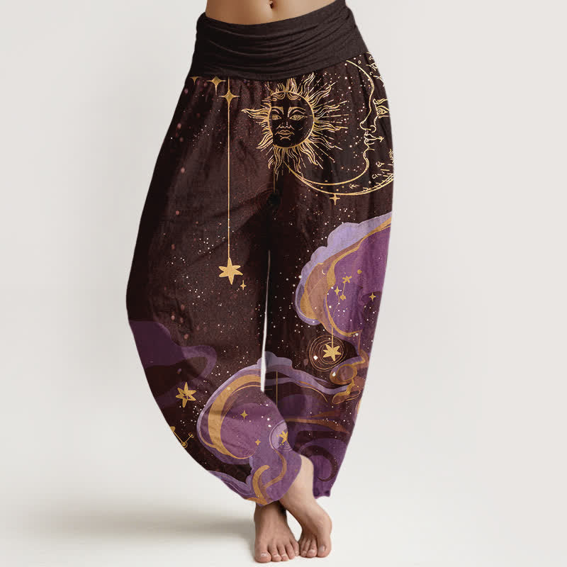 Nimara Ritual Cotton Celestial Sun Moon & Star Wave Pattern Women's Elastic Waist Harem Pants