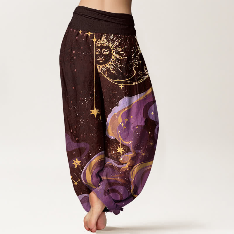 Nimara Ritual Cotton Celestial Sun Moon & Star Wave Pattern Women's Elastic Waist Harem Pants