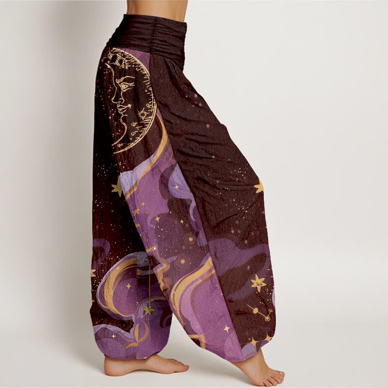 Nimara Ritual Cotton Celestial Sun Moon & Star Wave Pattern Women's Elastic Waist Harem Pants