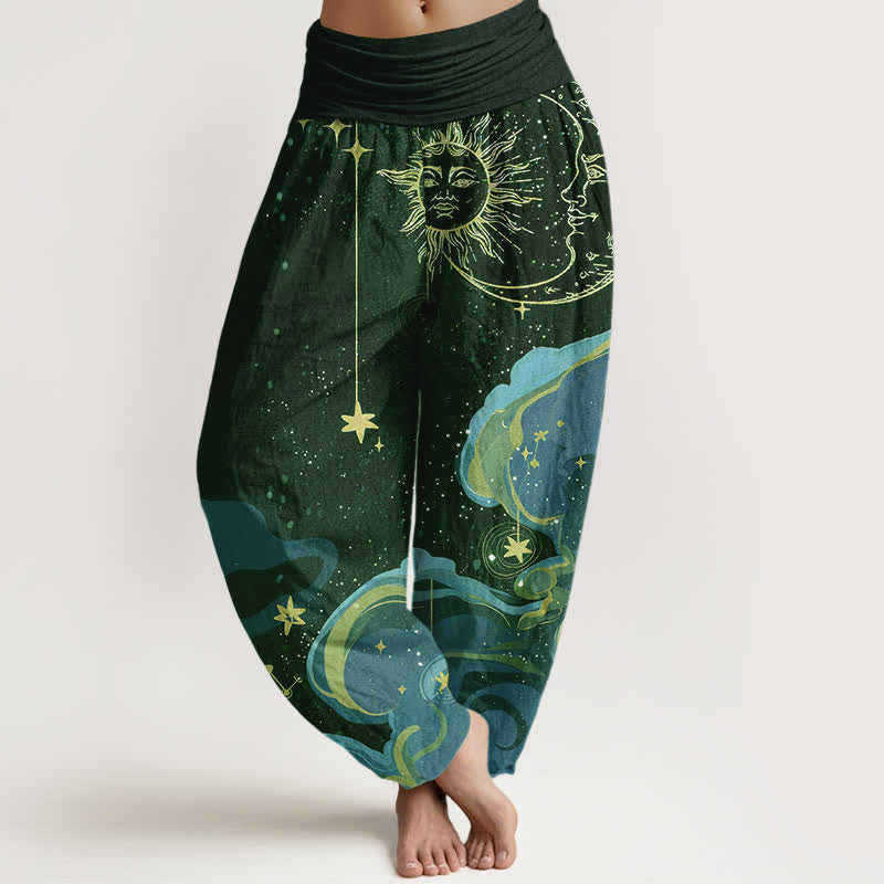Nimara Ritual Cotton Celestial Sun Moon & Star Wave Pattern Women's Elastic Waist Harem Pants