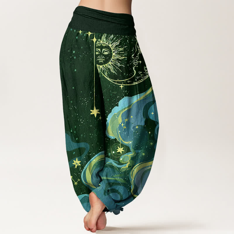 Nimara Ritual Cotton Celestial Sun Moon & Star Wave Pattern Women's Elastic Waist Harem Pants