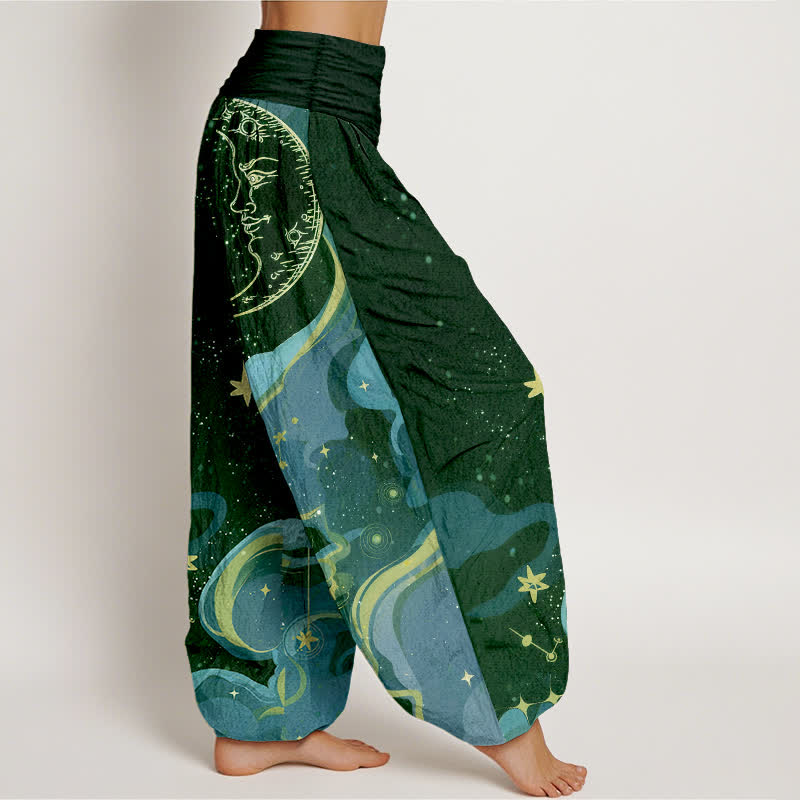 Nimara Ritual Cotton Celestial Sun Moon & Star Wave Pattern Women's Elastic Waist Harem Pants