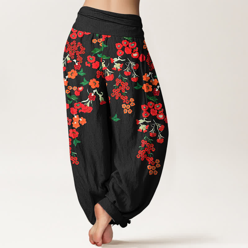 Nimara Ritual Cotton Bohemian Red Floral Pattern Women's Elastic Waist Harem Pants