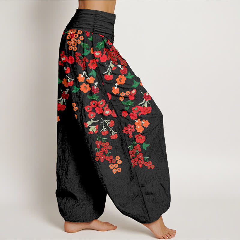 Nimara Ritual Cotton Bohemian Red Floral Pattern Women's Elastic Waist Harem Pants
