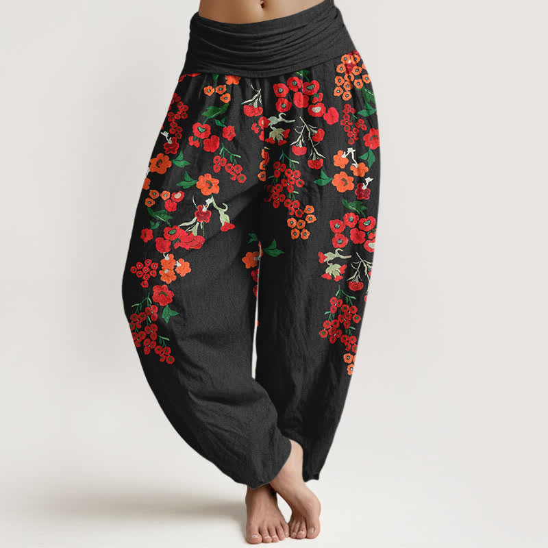 Nimara Ritual Cotton Bohemian Red Floral Pattern Women's Elastic Waist Harem Pants