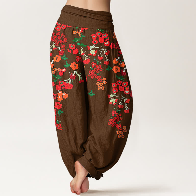 Nimara Ritual Cotton Bohemian Red Floral Pattern Women's Elastic Waist Harem Pants