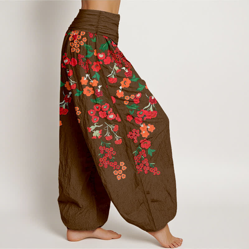 Nimara Ritual Cotton Bohemian Red Floral Pattern Women's Elastic Waist Harem Pants