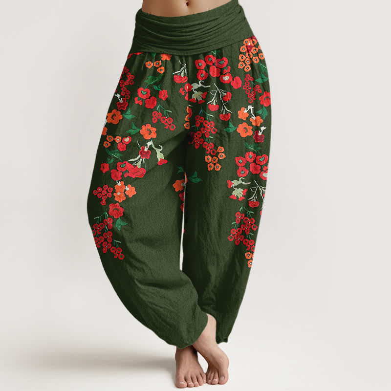 Nimara Ritual Cotton Bohemian Red Floral Pattern Women's Elastic Waist Harem Pants