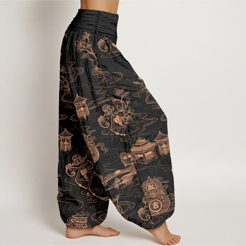 Nimara Ritual Cotton Lotus Pavilion Gourd Pattern Women's Elastic Waist Harem Pants