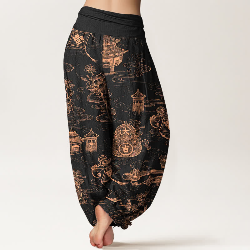 Nimara Ritual Cotton Lotus Pavilion Gourd Pattern Women's Elastic Waist Harem Pants