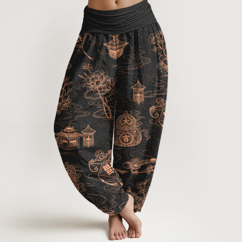 Nimara Ritual Cotton Lotus Pavilion Gourd Pattern Women's Elastic Waist Harem Pants