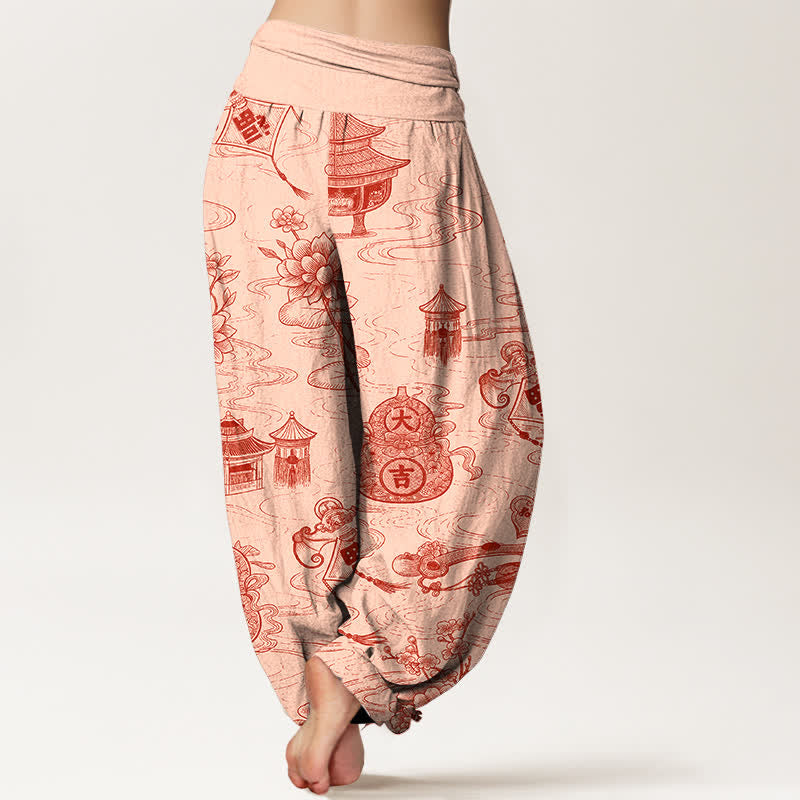 Nimara Ritual Cotton Lotus Pavilion Gourd Pattern Women's Elastic Waist Harem Pants