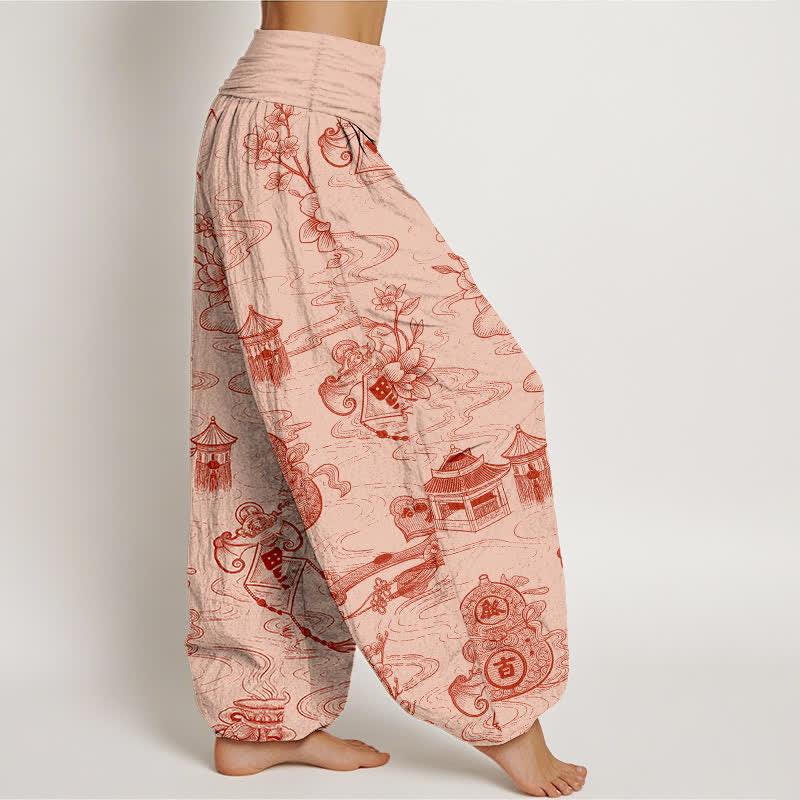 Nimara Ritual Cotton Lotus Pavilion Gourd Pattern Women's Elastic Waist Harem Pants