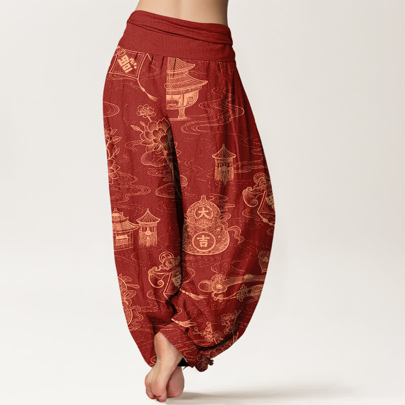Nimara Ritual Cotton Lotus Pavilion Gourd Pattern Women's Elastic Waist Harem Pants
