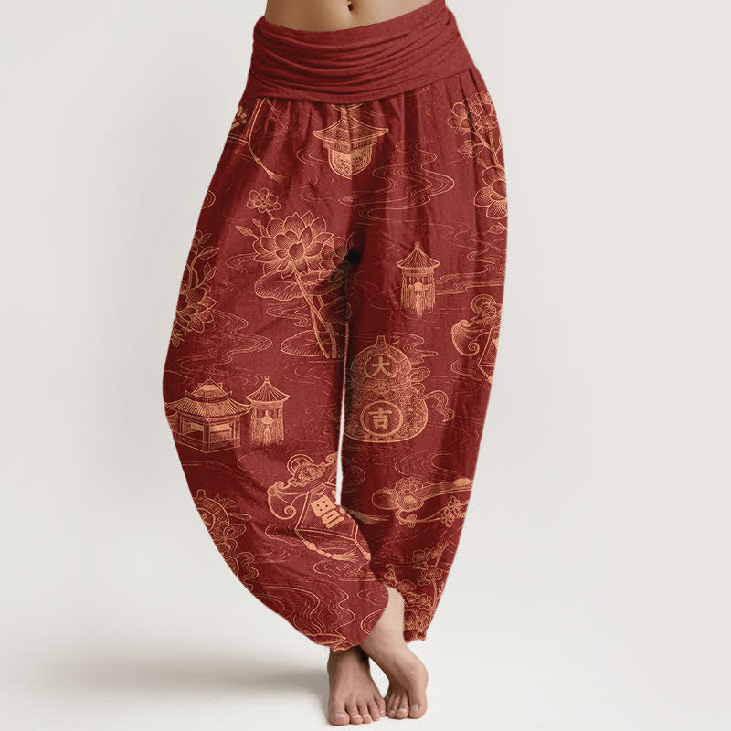 Nimara Ritual Cotton Lotus Pavilion Gourd Pattern Women's Elastic Waist Harem Pants