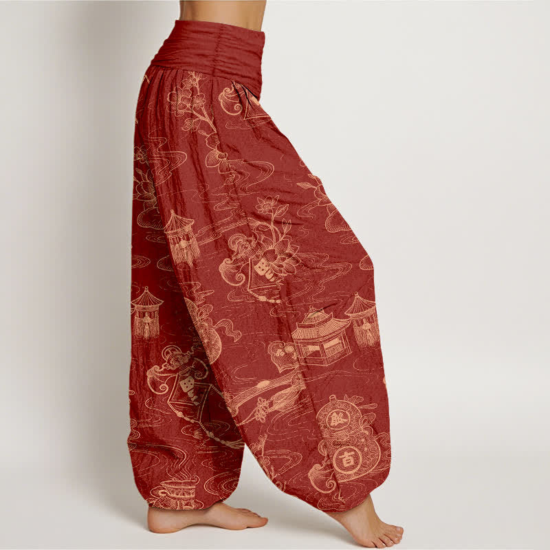 Nimara Ritual Cotton Lotus Pavilion Gourd Pattern Women's Elastic Waist Harem Pants