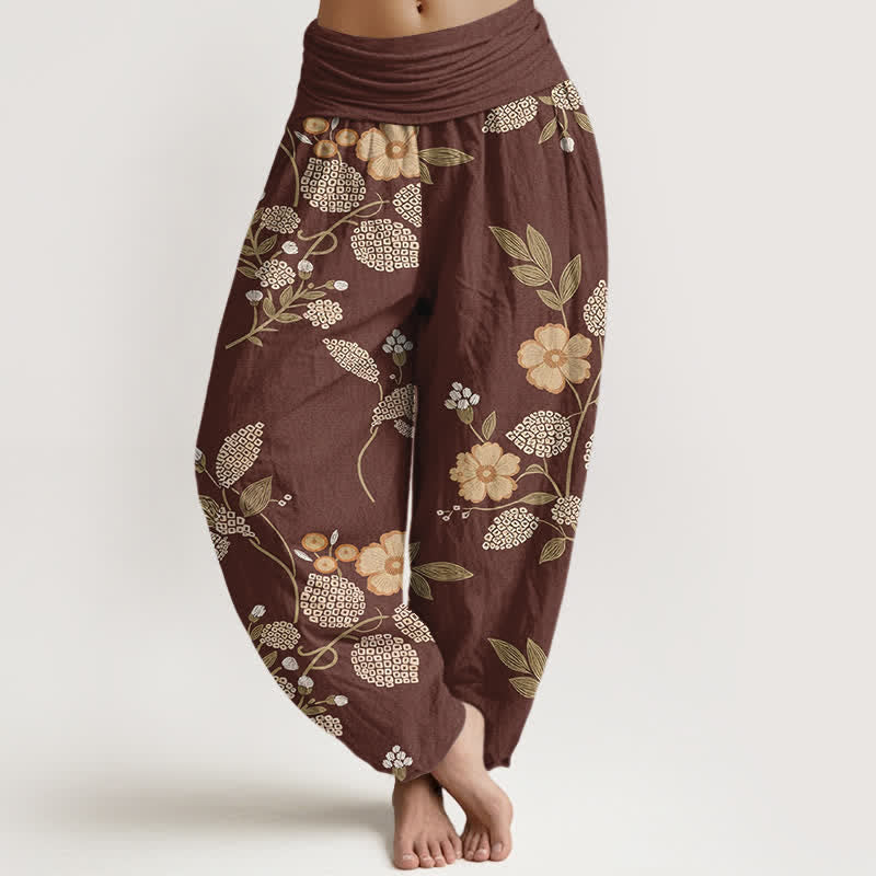 Nimara Ritual Pure Cotton Vintage Floral Leaf Pattern Women's Elastic Waist Harem Pants