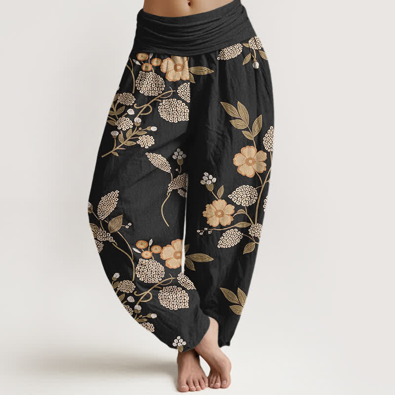 Nimara Ritual Pure Cotton Vintage Floral Leaf Pattern Women's Elastic Waist Harem Pants