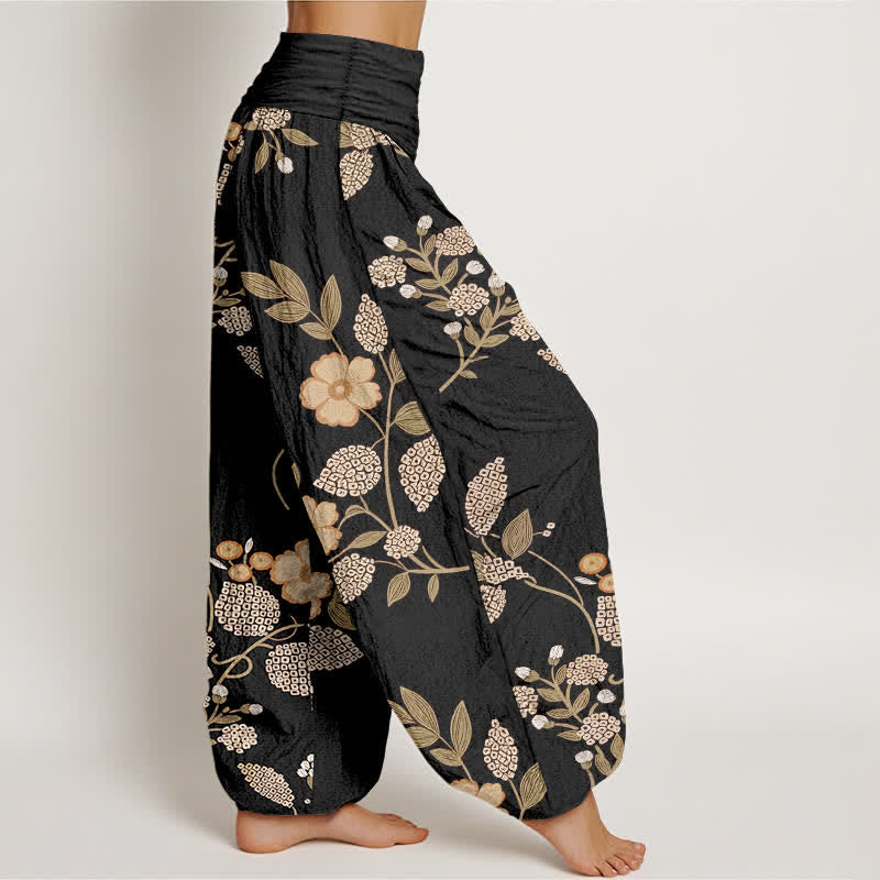 Nimara Ritual Pure Cotton Vintage Floral Leaf Pattern Women's Elastic Waist Harem Pants
