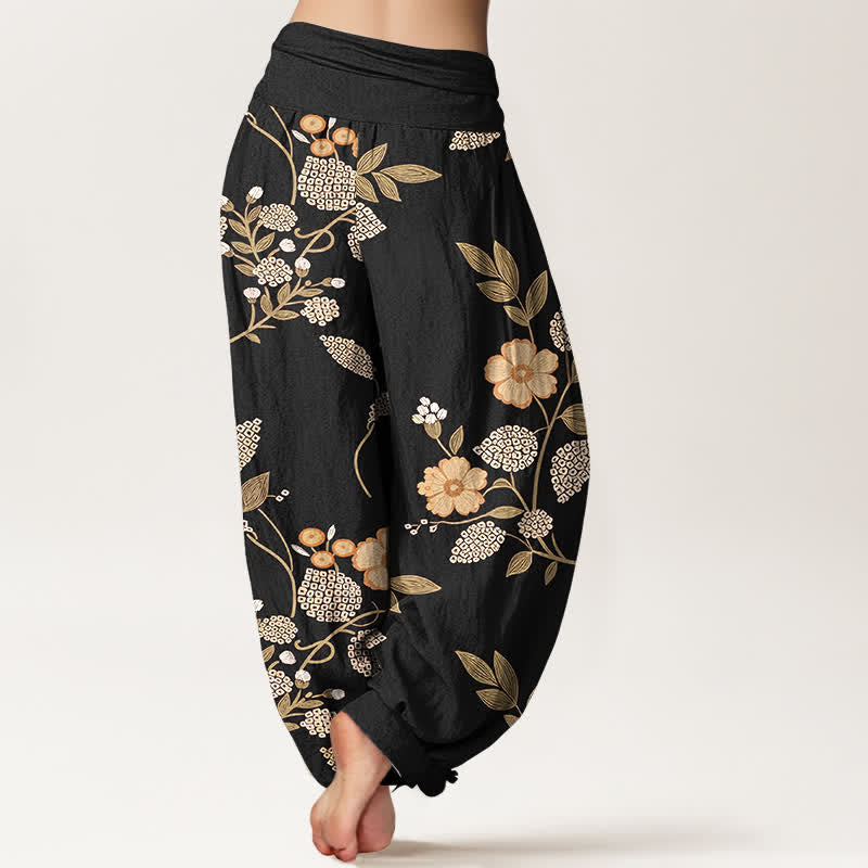 Nimara Ritual Pure Cotton Vintage Floral Leaf Pattern Women's Elastic Waist Harem Pants