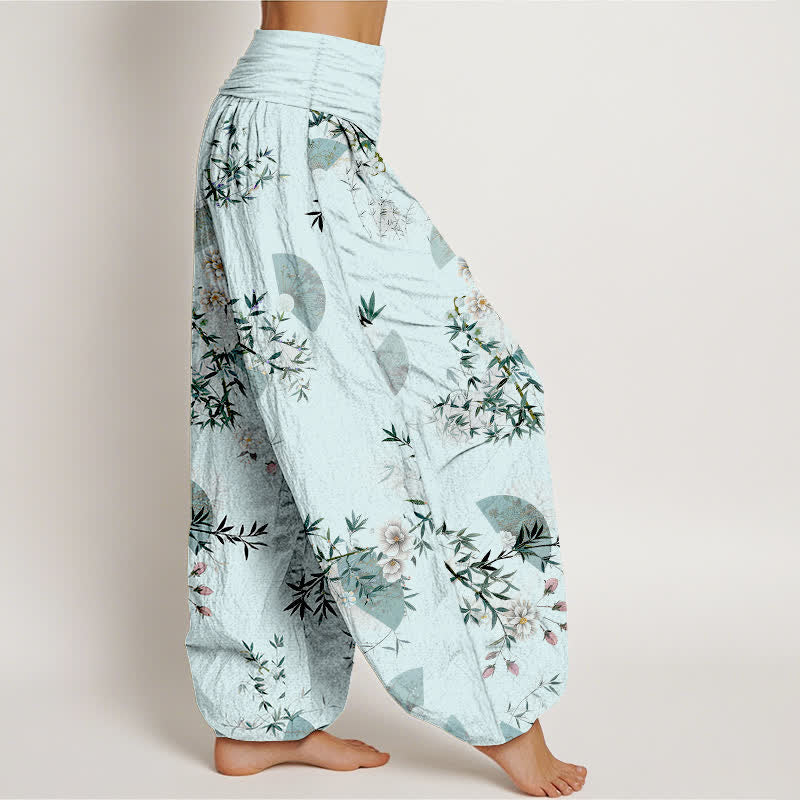 Nimara Ritual Cotton Bamboo Blossom Fan Pattern Women's Elastic Waist Harem Pants