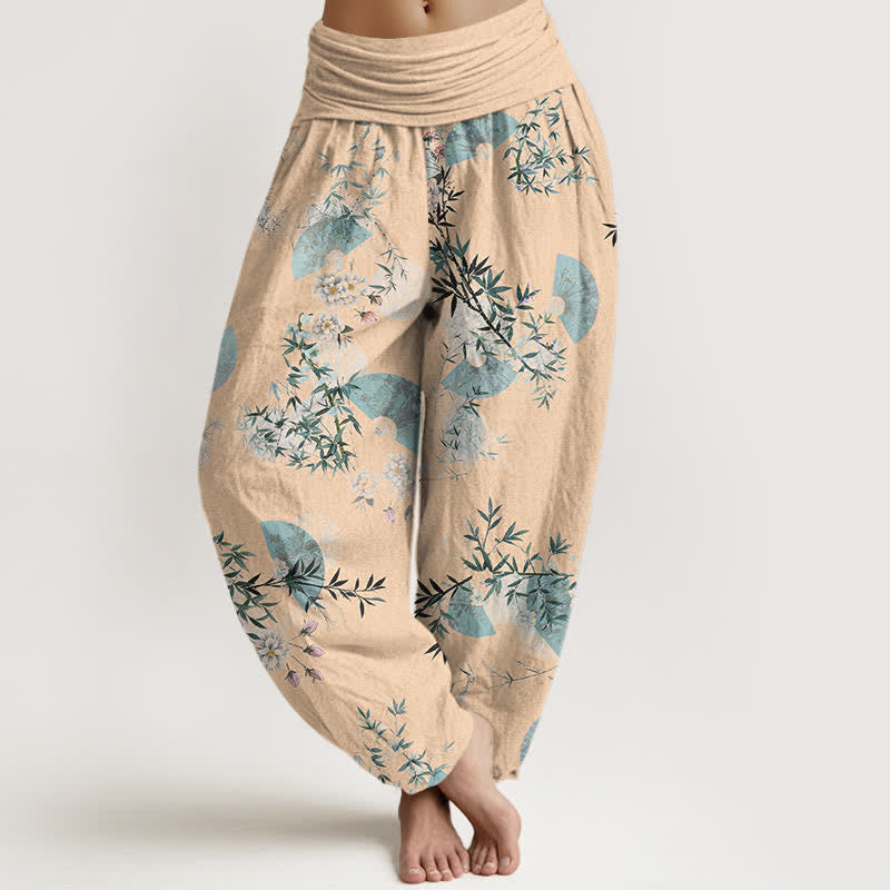 Nimara Ritual Cotton Bamboo Blossom Fan Pattern Women's Elastic Waist Harem Pants