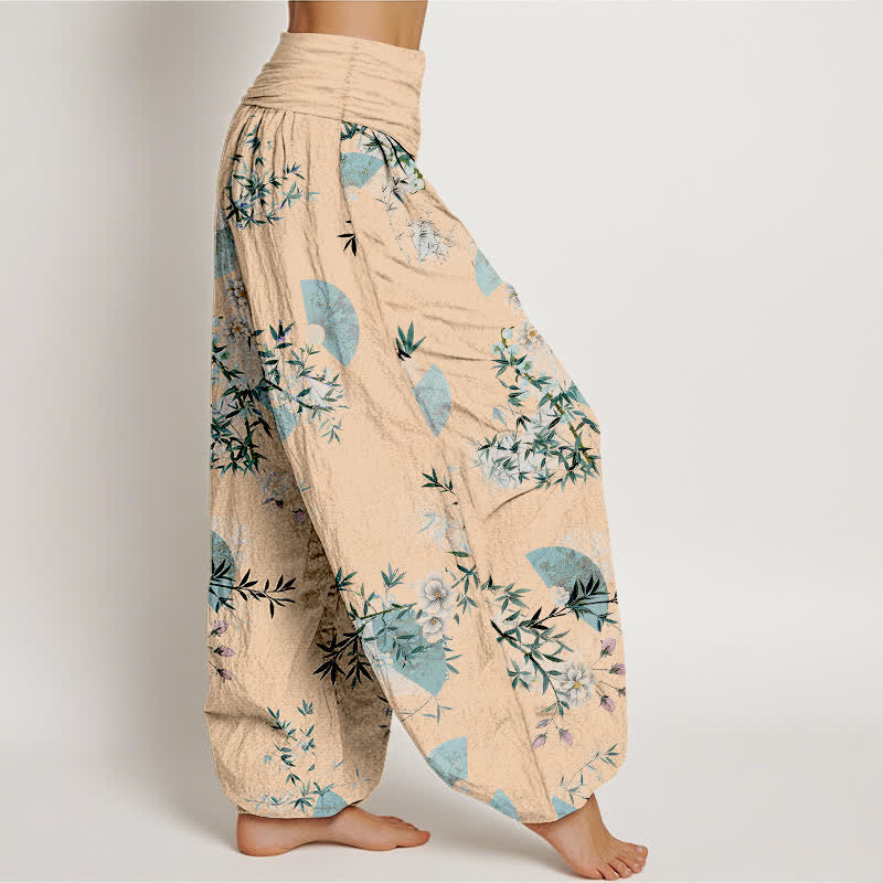 Nimara Ritual Cotton Bamboo Blossom Fan Pattern Women's Elastic Waist Harem Pants