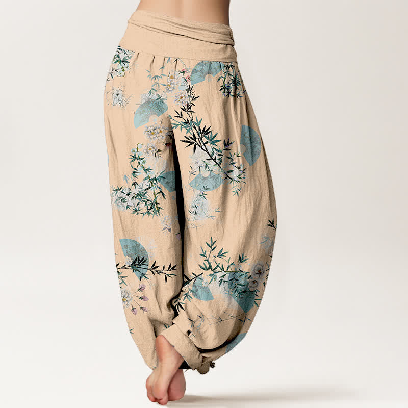 Nimara Ritual Cotton Bamboo Blossom Fan Pattern Women's Elastic Waist Harem Pants