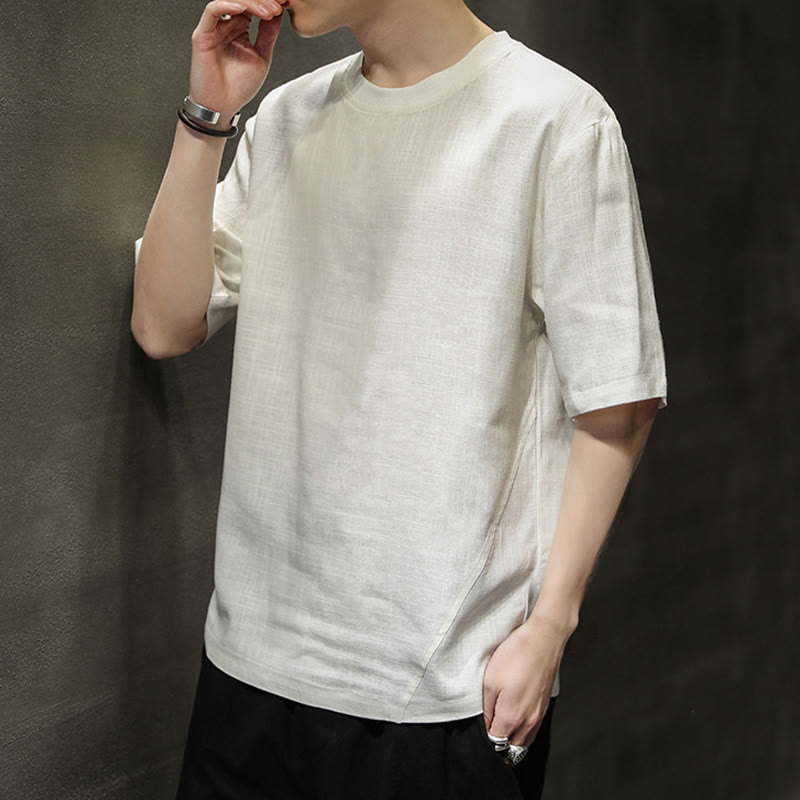 Nimara Ritual Summer Casual Minimalist Solid Crew Neck Linen Men's Short Sleeve T-Shirts