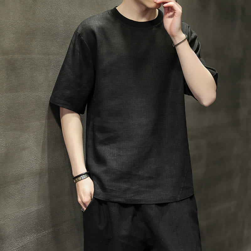 Nimara Ritual Summer Casual Minimalist Solid Crew Neck Linen Men's Short Sleeve T-Shirts