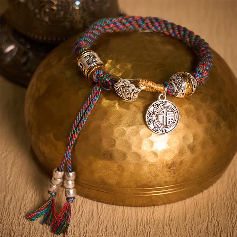 Nimara Ritual Fu Character Swastika Om Mani Padme Hum Braided Rope Luck Bracelet