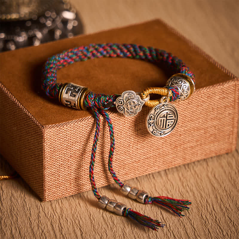 Nimara Ritual Fu Character Swastika Om Mani Padme Hum Braided Rope Luck Bracelet
