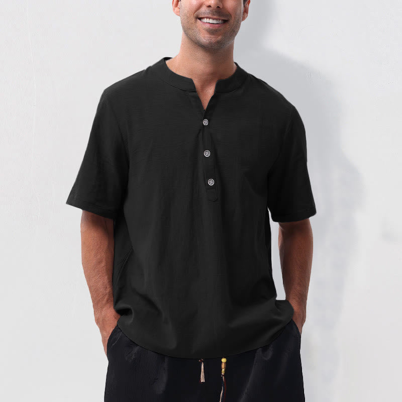 Nimara Ritual Summer Casual Mandarin Collar Solid Half Buttons Cotton Linen Men's Short Sleeve Shirts