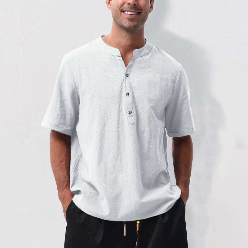 Nimara Ritual Summer Casual Mandarin Collar Solid Half Buttons Cotton Linen Men's Short Sleeve Shirts
