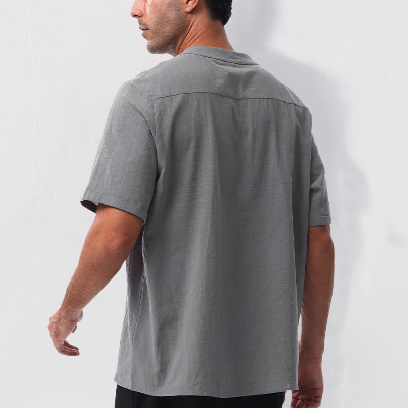 Nimara Ritual Summer Casual Mandarin Collar Solid Half Buttons Cotton Linen Men's Short Sleeve Shirts