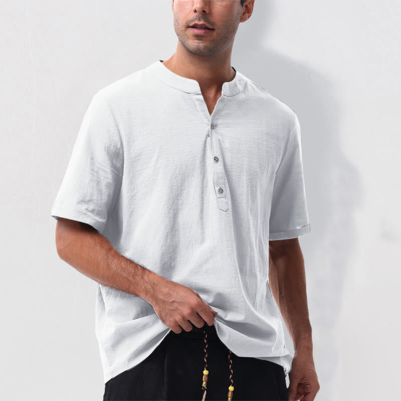 Nimara Ritual Summer Casual Mandarin Collar Solid Half Buttons Cotton Linen Men's Short Sleeve Shirts