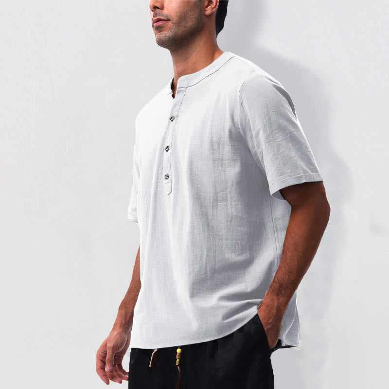 Nimara Ritual Summer Casual Mandarin Collar Solid Half Buttons Cotton Linen Men's Short Sleeve Shirts