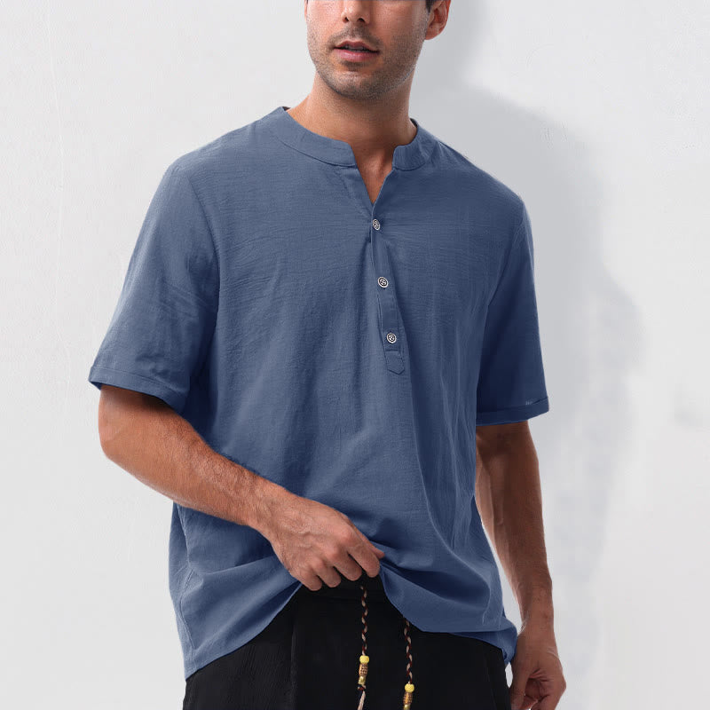 Nimara Ritual Summer Casual Mandarin Collar Solid Half Buttons Cotton Linen Men's Short Sleeve Shirts