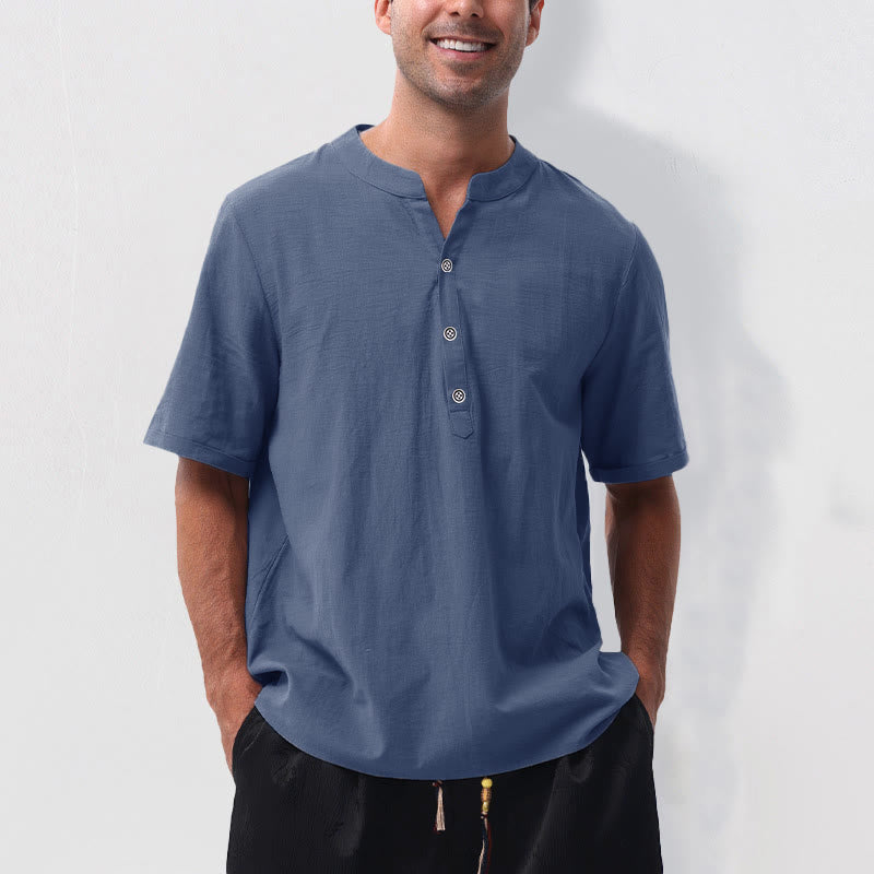 Nimara Ritual Summer Casual Mandarin Collar Solid Half Buttons Cotton Linen Men's Short Sleeve Shirts